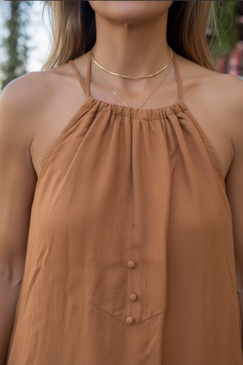 Women's Linen Halter Neck Relaxed Maxi Dress – Effortless Chic Summer Resort Casual Everyday Sundress