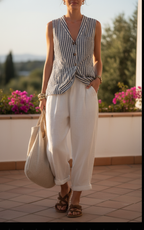 Women's Linen Shift Slim Midi Dress in Stripe for the Office