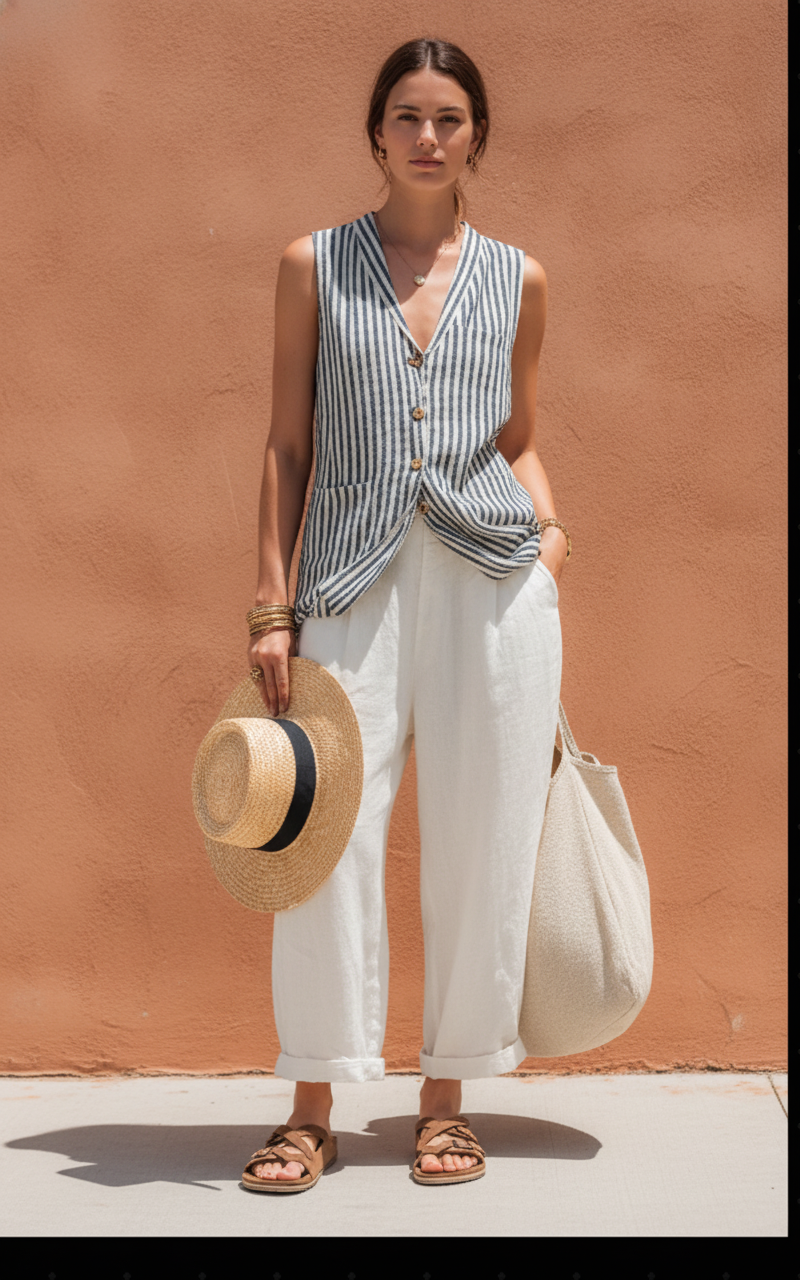 Women's Linen Shift Slim Midi Dress in Stripe for the Office