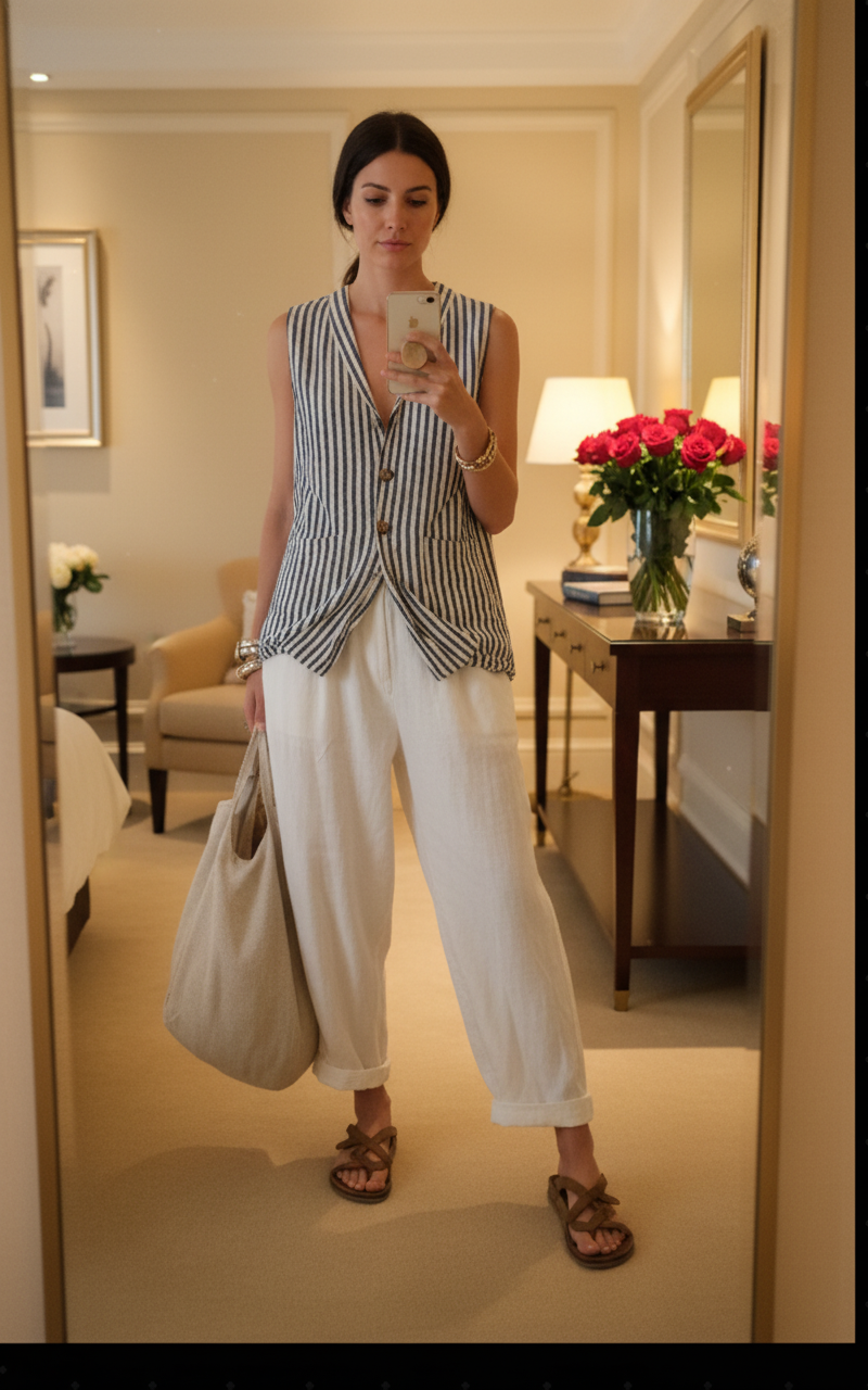 Women's Linen Shift Slim Midi Dress in Stripe for the Office